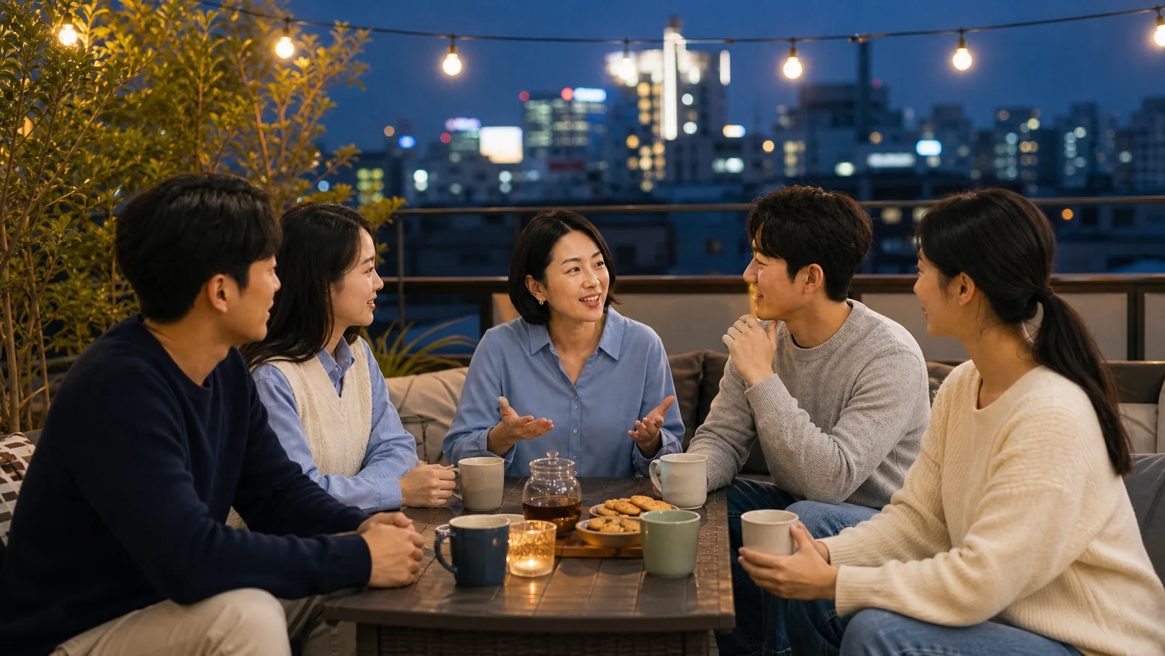 Illustrative image of adult learners having a relaxed conversation over tea after class
