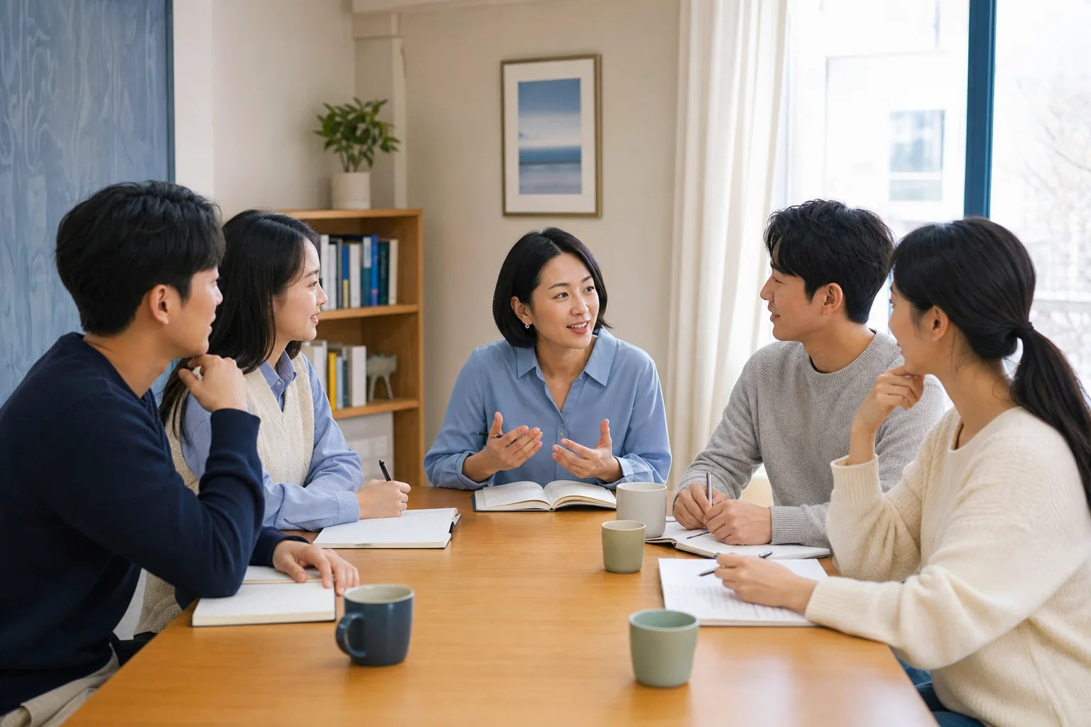 Illustrative image of a session leader and adult learners speaking around a small table