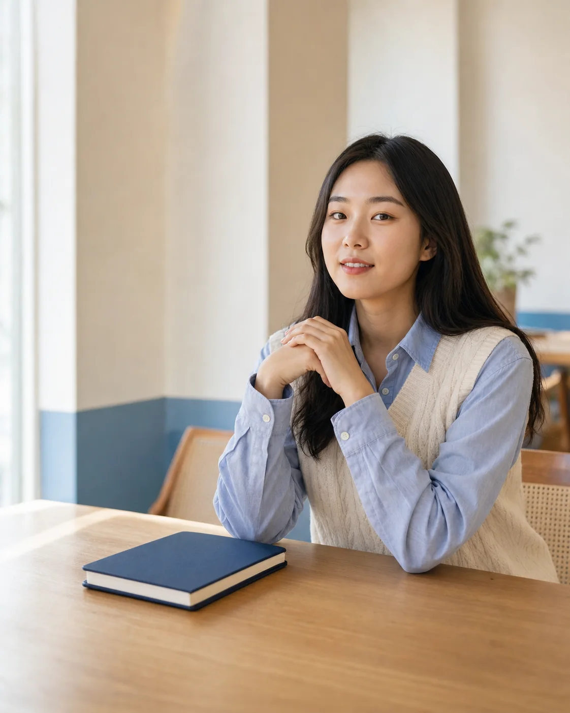 Illustrative portrait of an adult learner holding a notebook in a bright study space